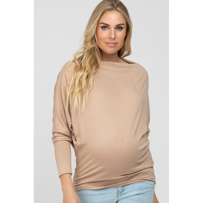 Beige Soft Knit Off Shoulder Maternity Top