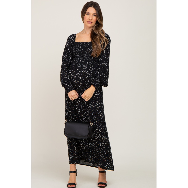 Black Ditsy Floral Smocked Square Neck Long Sleeve Maternity Midi Dress