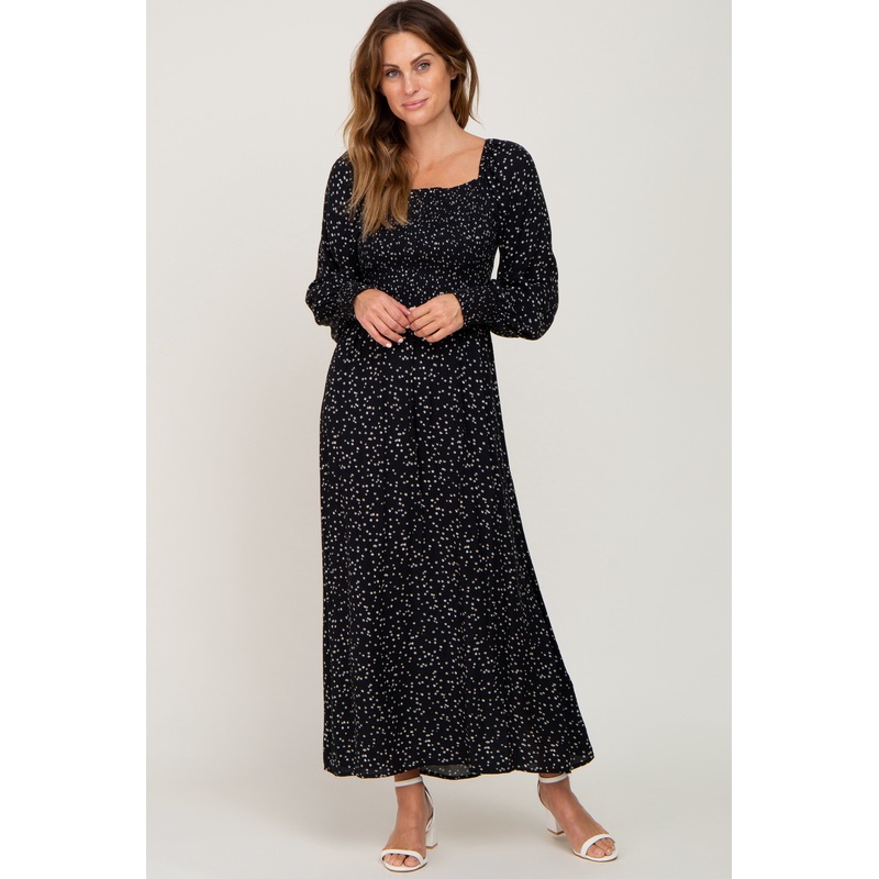 Black Ditsy Floral Smocked Square Neck Long Sleeve Midi Dress
