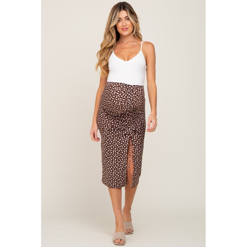 Brown Floral Ruched Cinched Side Slit Maternity Skirt