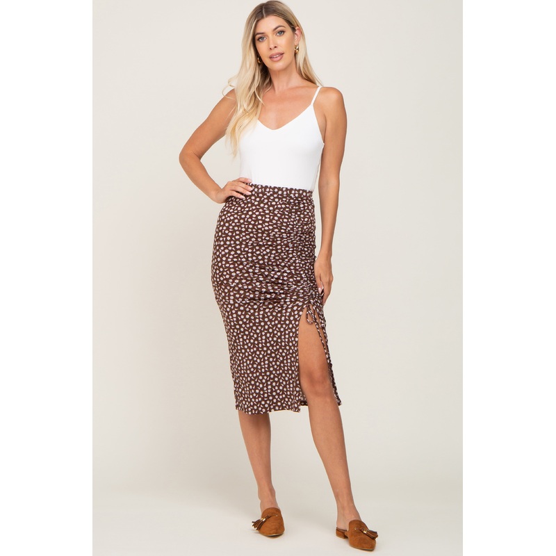 Brown Floral Ruched Cinched Side Slit Skirt