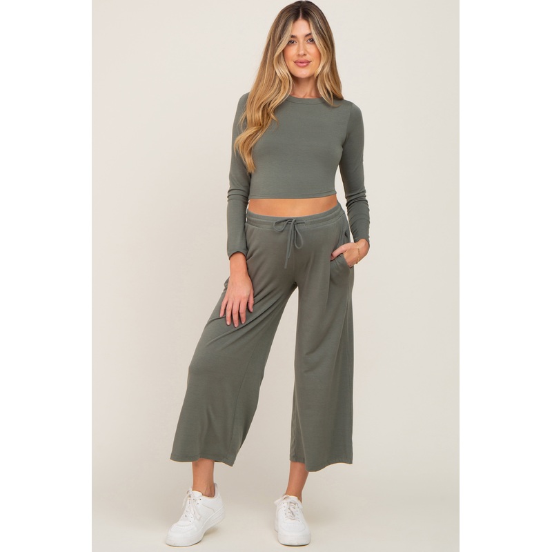 Olive Cropped Long Sleeve Maternity Lounge Set