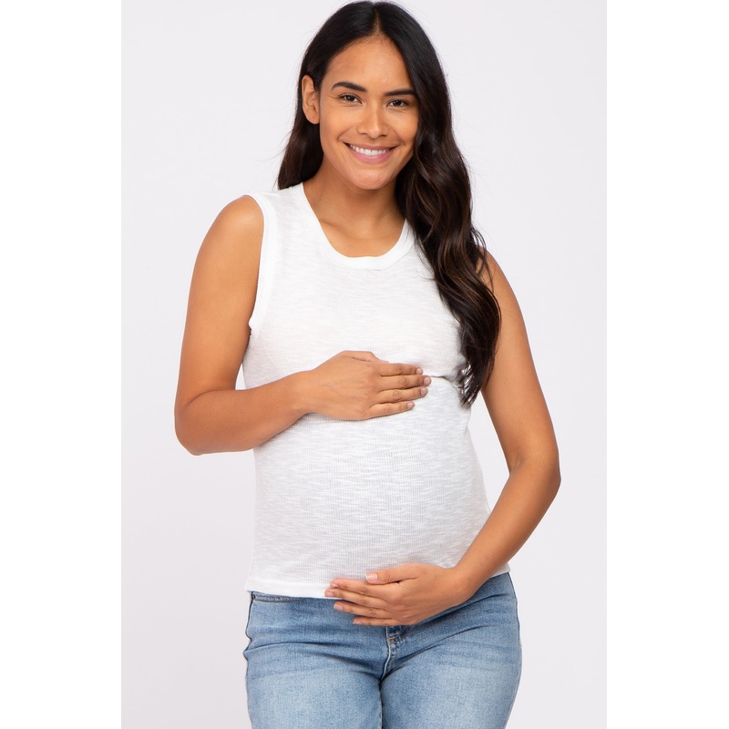 White Ribbed Sleeveless Maternity Top