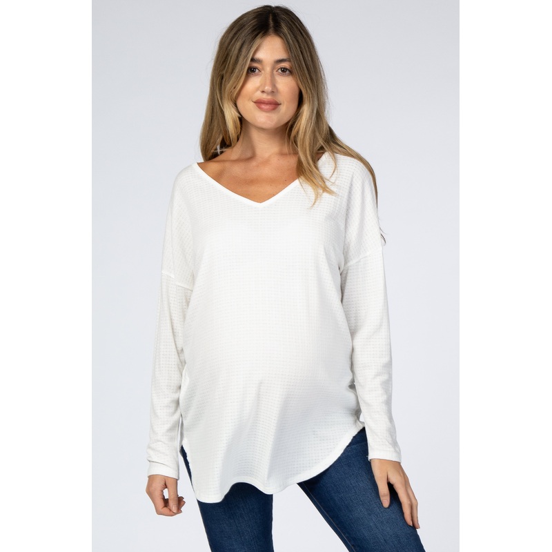 White Textured Long Sleeve Drop Shoulder V-Neck Maternity Top