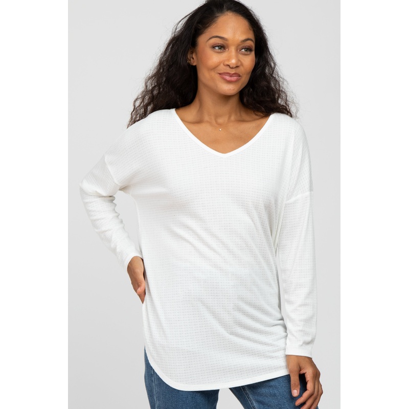 White Textured Long Sleeve Drop Shoulder V-Neck Top