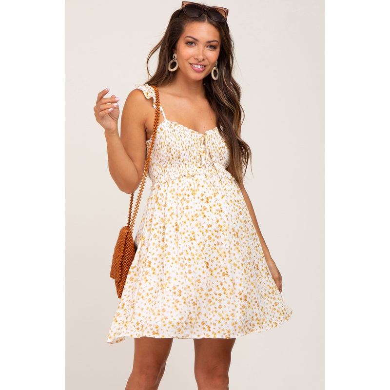 Yellow Floral Smocked Ruffle Strap Maternity Mini Dress