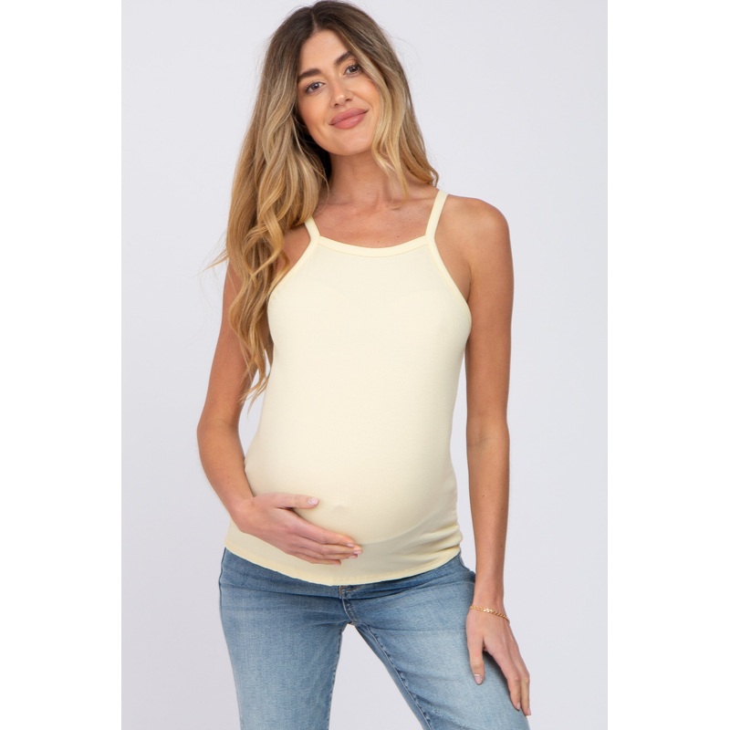 Yellow Ribbed Square Neck Maternity Tank Top