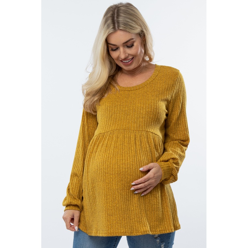 Yellow Textured Knit Babydoll Long Sleeve Maternity Top