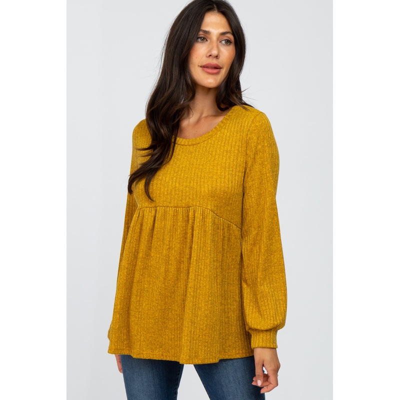 Yellow Textured Knit Babydoll Long Sleeve Top