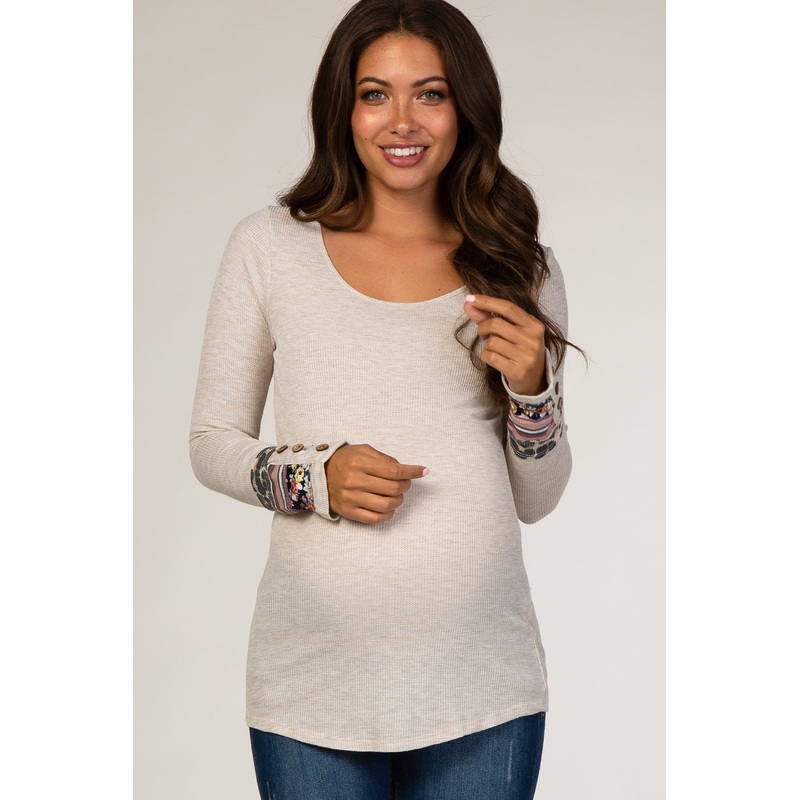 Beige Colorblock Sleeve Fitted Maternity Top