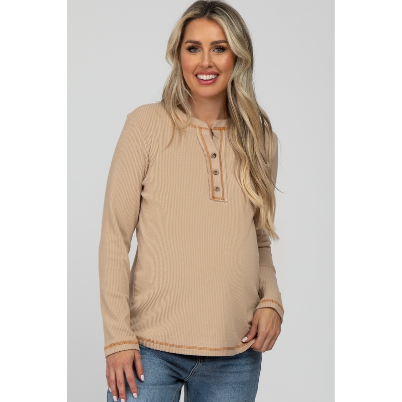Beige Ribbed Top Stitch Long Sleeve Maternity Top
