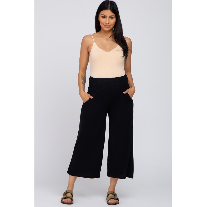 Black Smocked Waist Cropped Maternity Pant