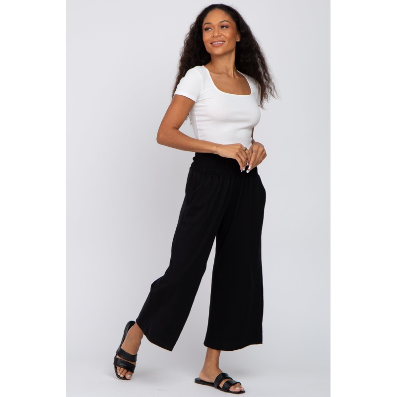 Black Smocked Waist Cropped Pant
