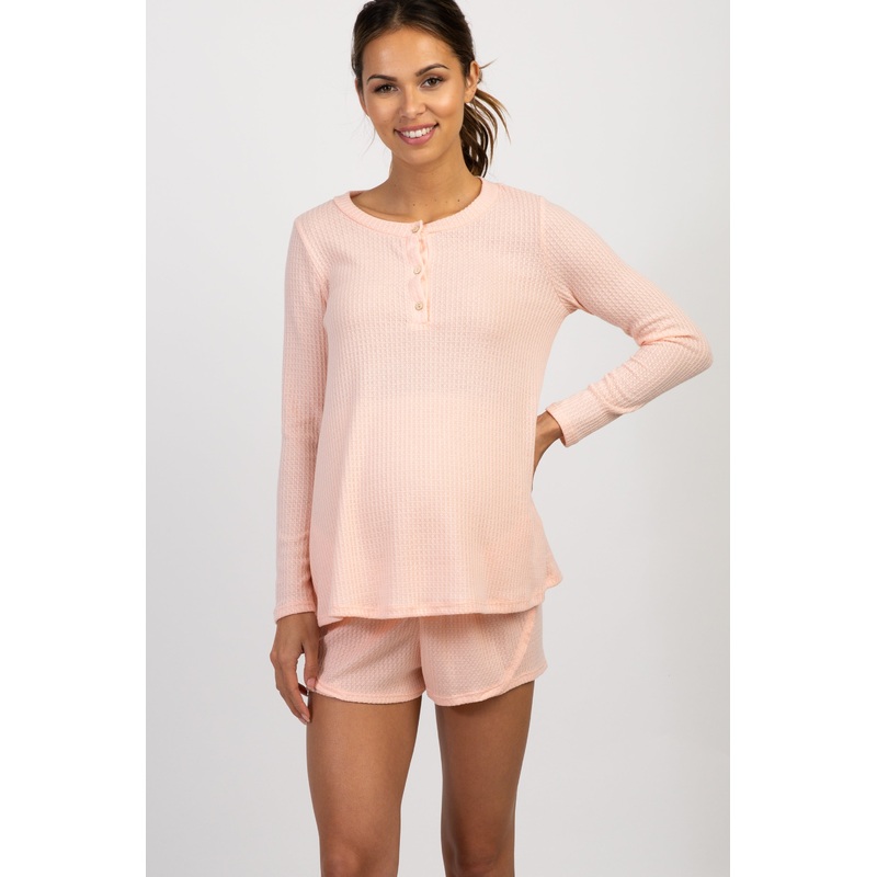 Light Pink Waffle Knit Button Front Maternity Pajama Set