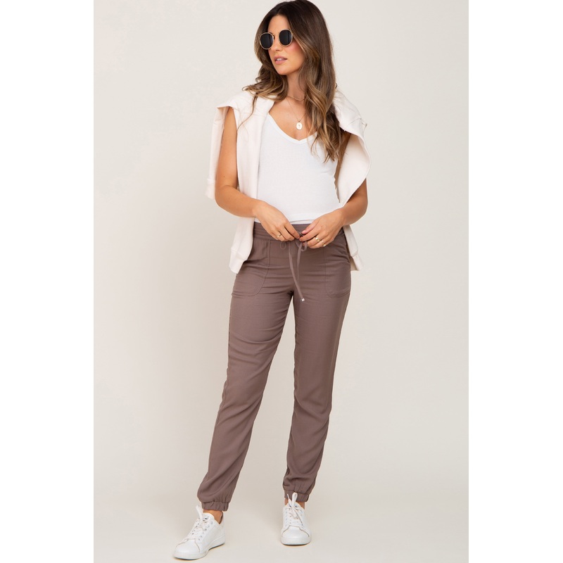 Mocha Drawstring Tapered Jogger Maternity Pants