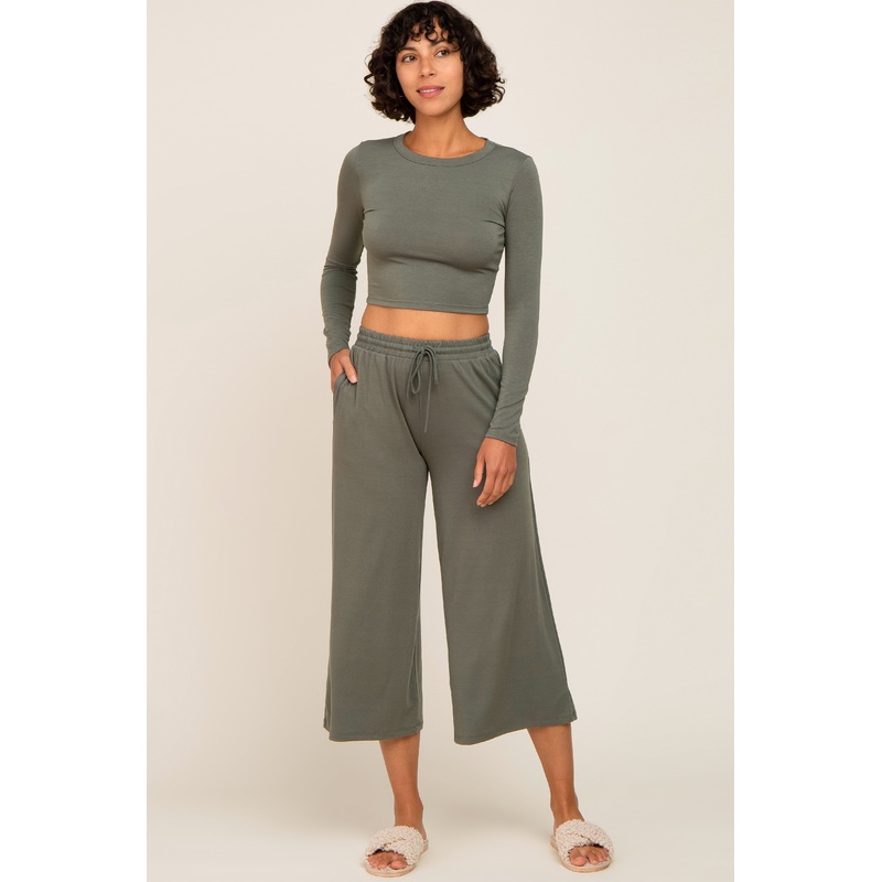 Olive Cropped Long Sleeve Lounge Set