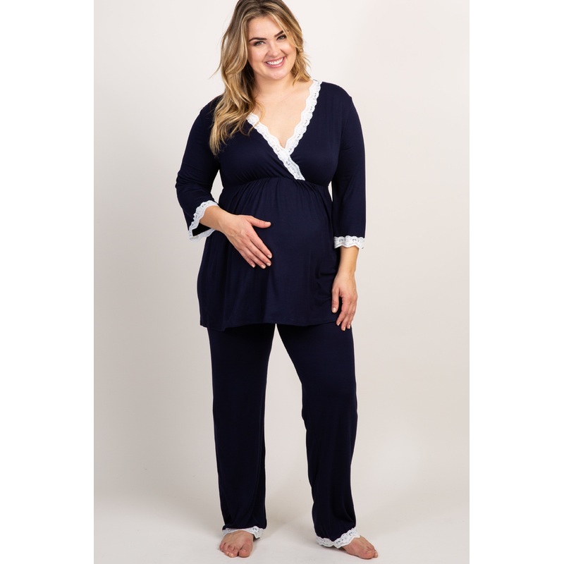 PinkBlush Navy Lace Trim Plus Maternity Pajama Set
