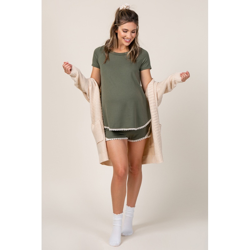 PinkBlush Olive Crochet Trim Maternity Short Pajama Set