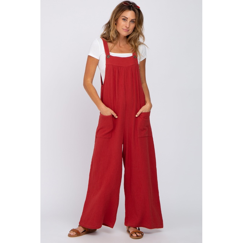 Rust Gauze Wide Leg Button Front Overalls