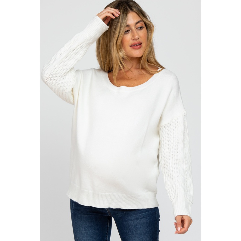 White Knit Braided Sleeve Maternity Sweater