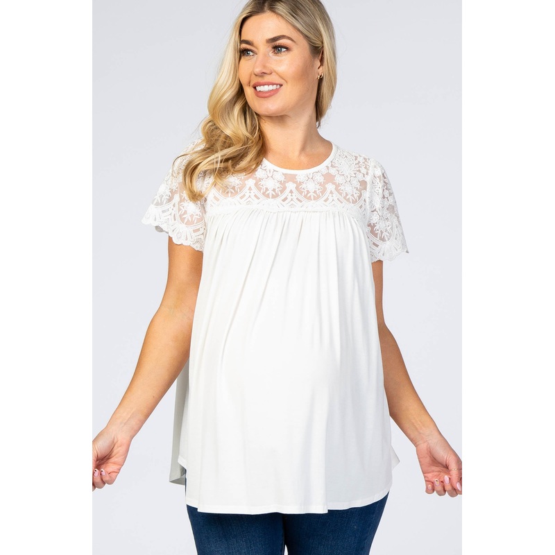 White Lace Short Sleeve Maternity Blouse