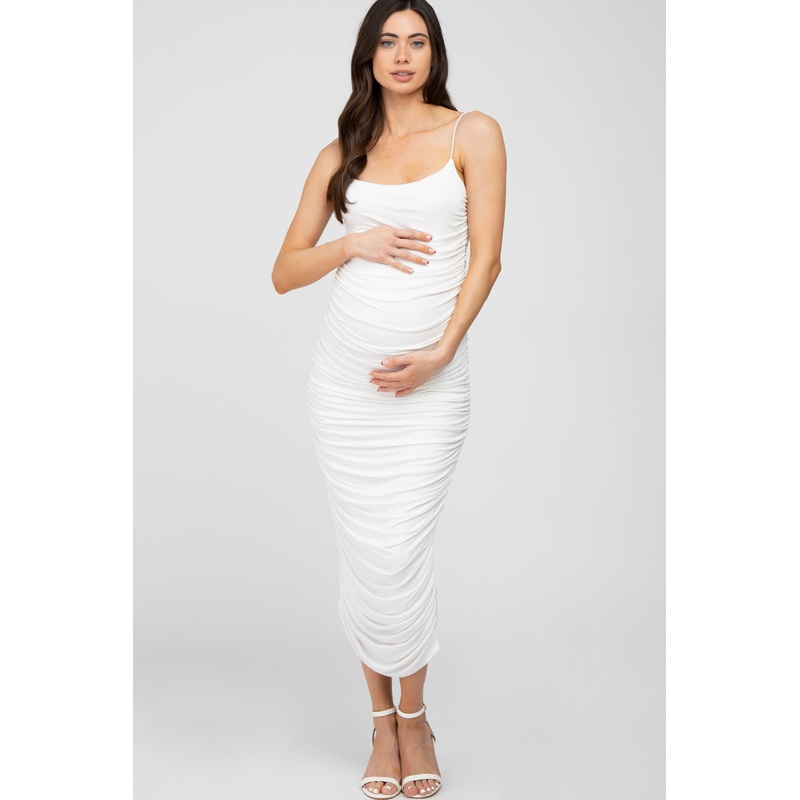White Ruched Fitted Maternity Maxi Dress