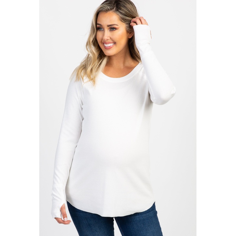 White Solid Ribbed Long Sleeve Maternity Top