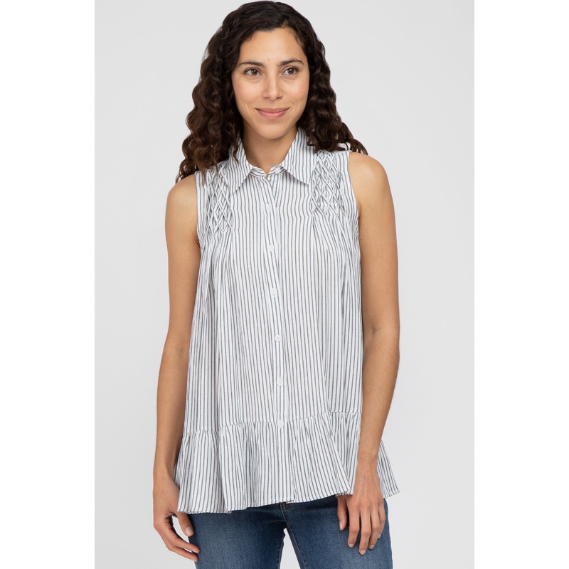 White Striped Ruffle Hem Blouse