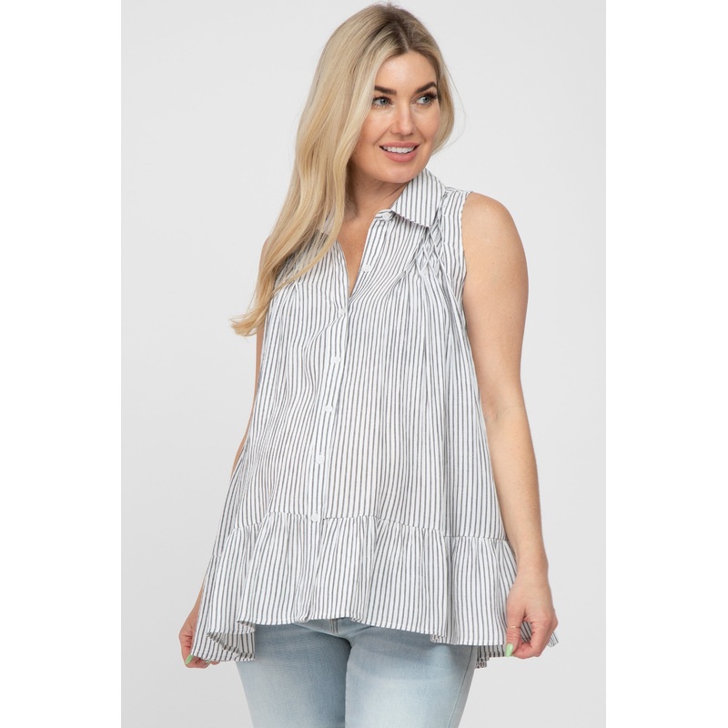 White Striped Ruffle Hem Maternity Blouse