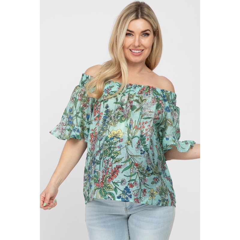 Aqua Floral Smocked Off Shoulder Maternity Top
