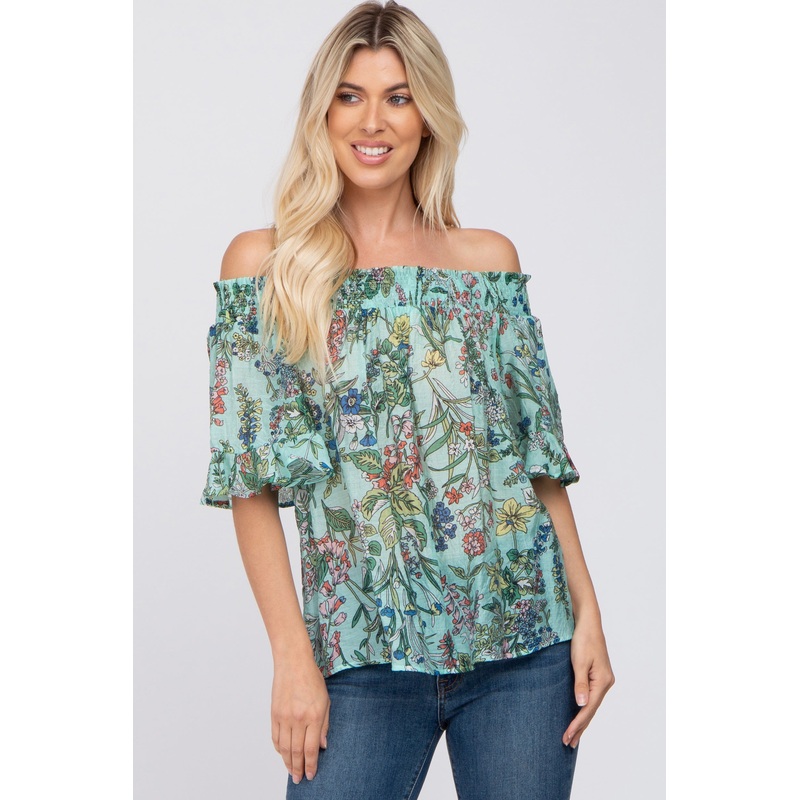 Aqua Floral Smocked Off Shoulder Top