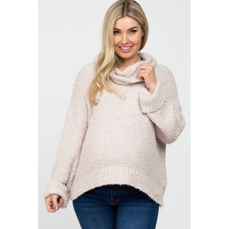 Beige Cowl Neck Cuff Sleeve Soft Knit Maternity Sweater