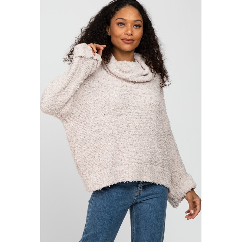 Beige Cowl Neck Cuff Sleeve Soft Knit Sweater