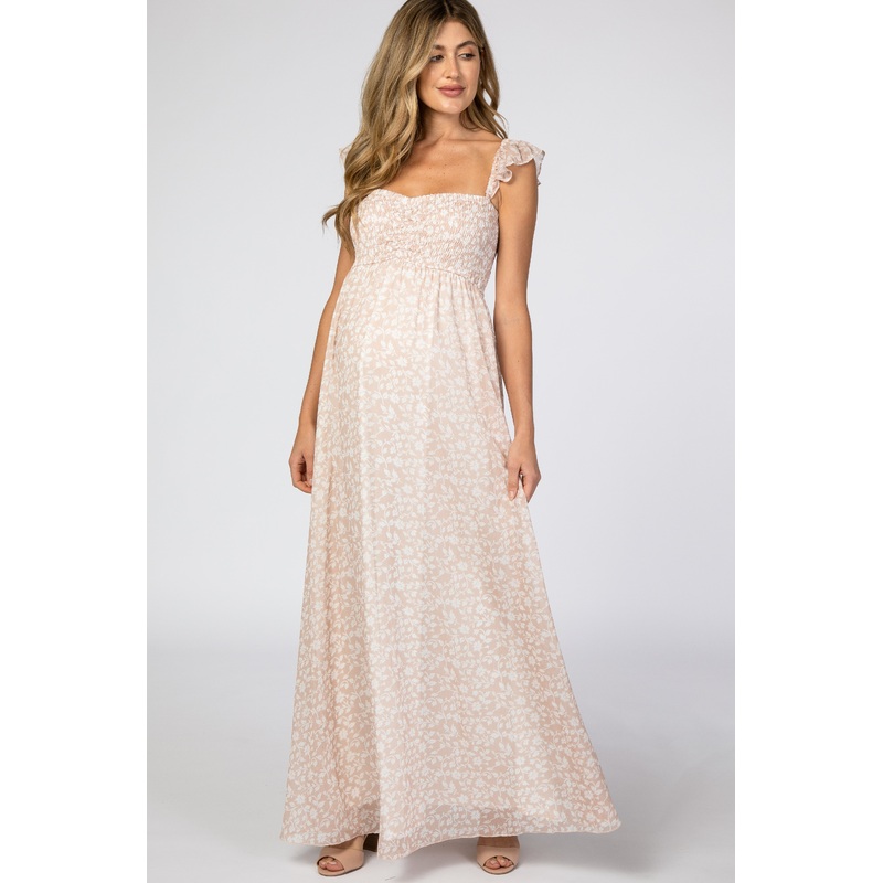 Beige Floral Print Smocked Maternity Maxi Dress