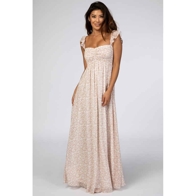 Beige Floral Print Smocked Maxi Dress
