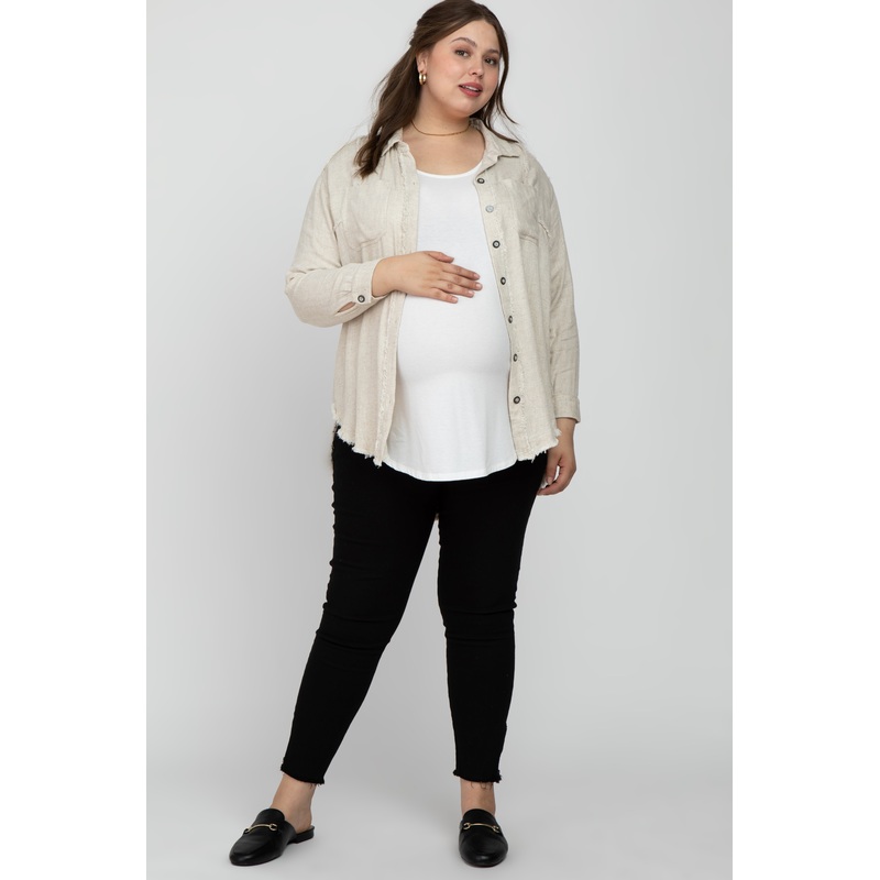 Beige Linen Fringe Hi-Low Button Up Maternity Plus Top