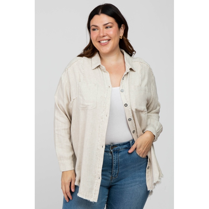 Beige Linen Fringe Hi-Low Button Up Plus Top