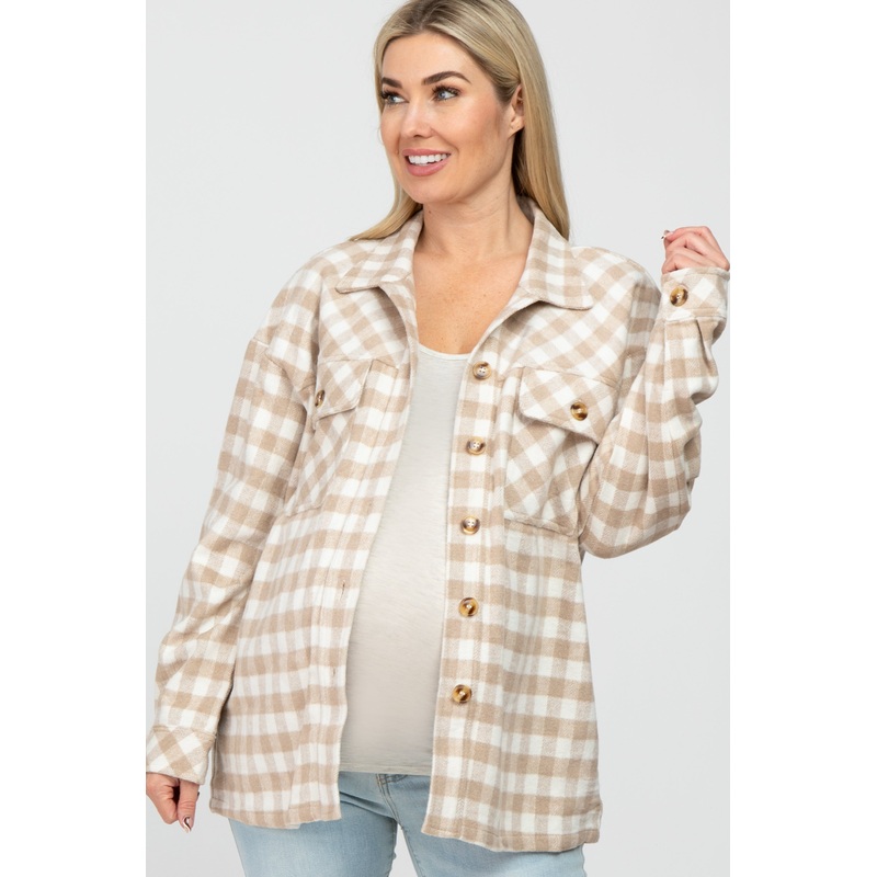 Beige Plaid Maternity Shirt Jacket