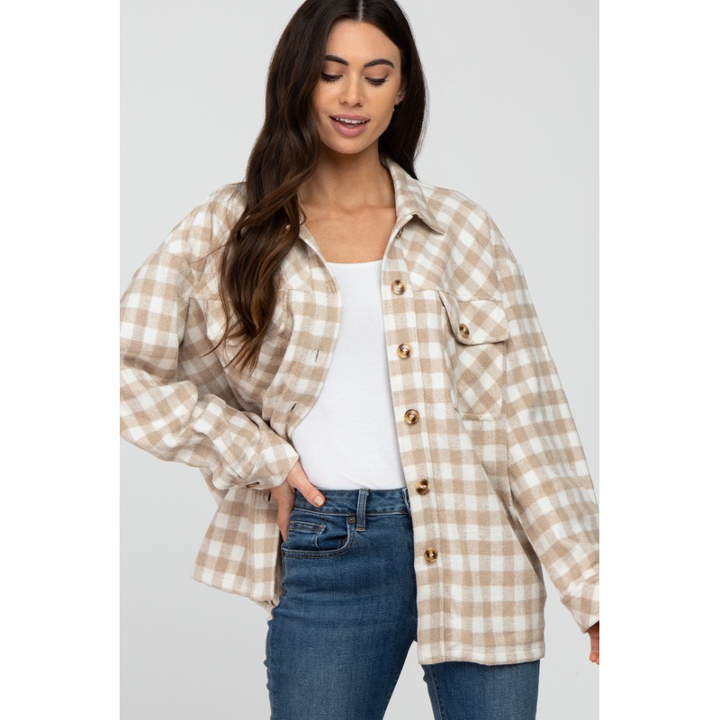 Beige Plaid Shirt Jacket
