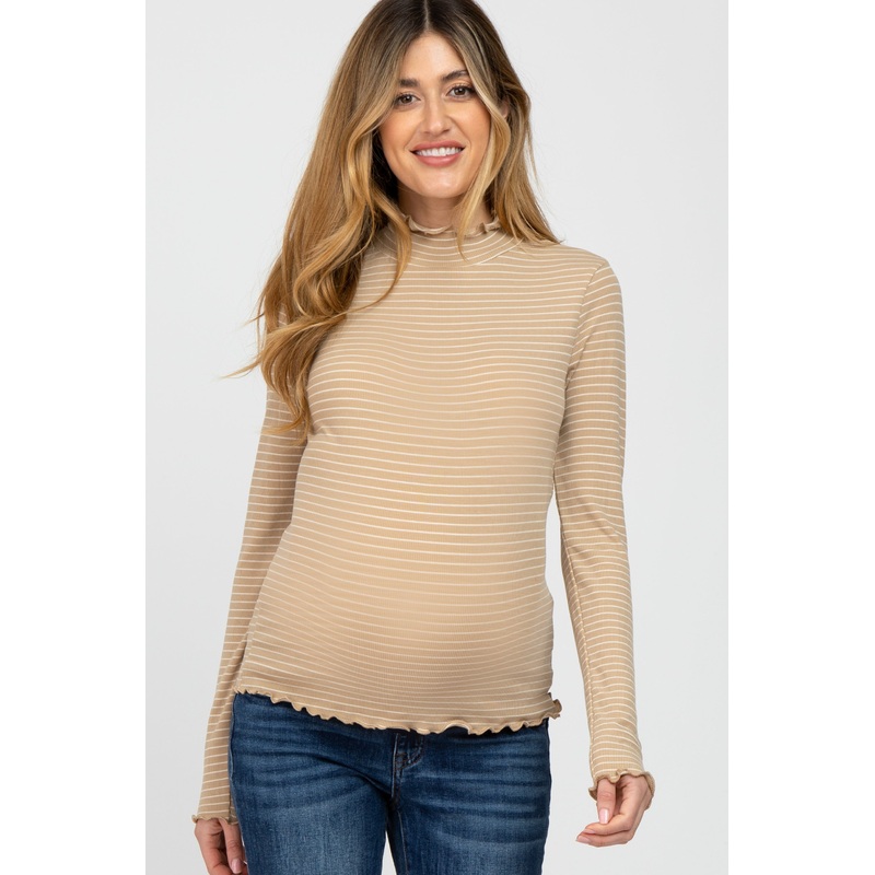 Beige Striped Mock Neck Lettuce Edge Maternity Top
