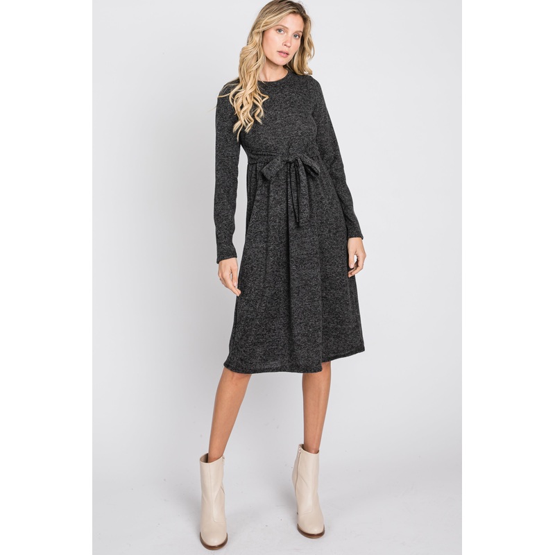 Black Brushed Heathered Long Sleeve Dress