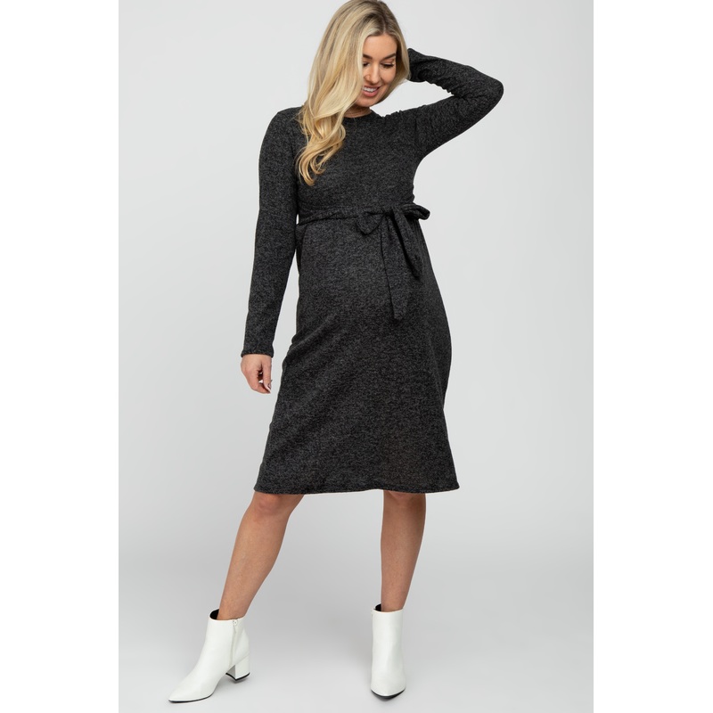 Black Brushed Heathered Long Sleeve Maternity Dress