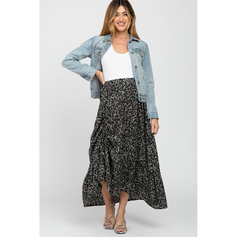 Black Floral Drawstring Side Gathered Maternity Skirt