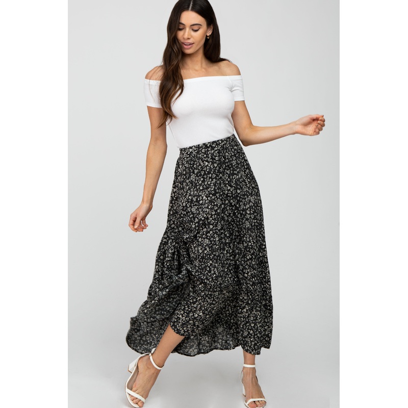 Black Floral Drawstring Side Gathered Skirt