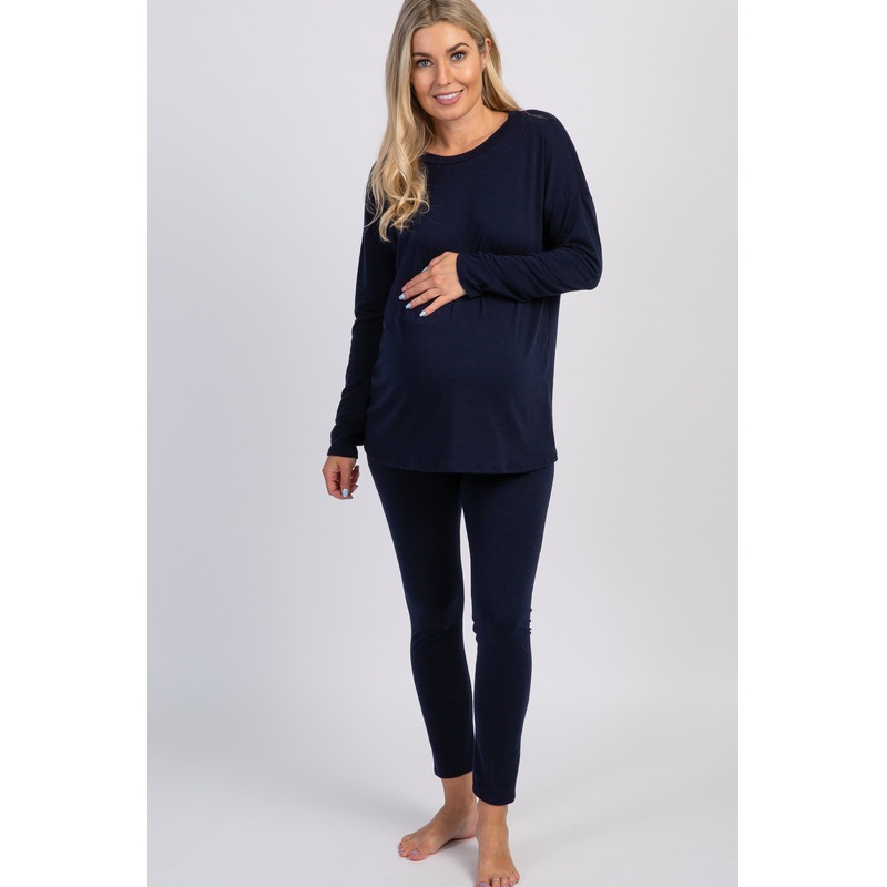 Navy Basic Long Sleeve Maternity Pajama Set
