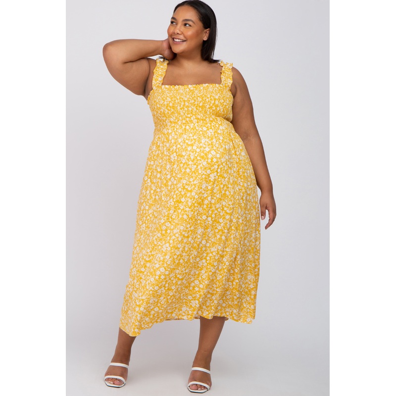 Yellow Floral Smocked Maternity Plus Midi Dress