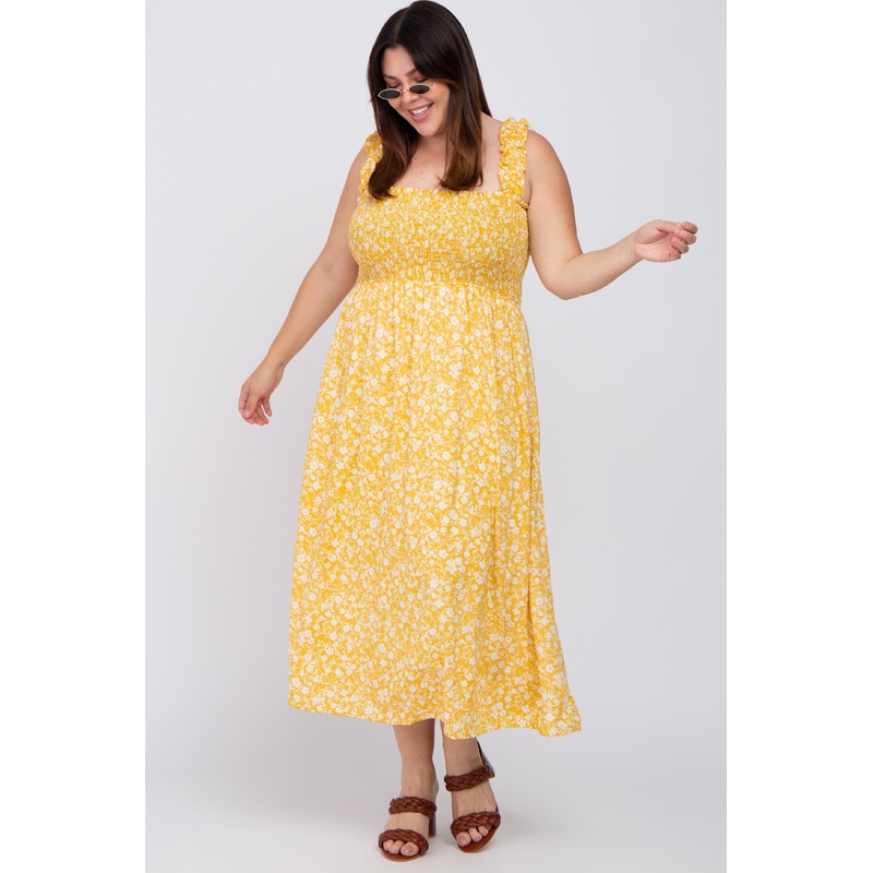 Yellow Floral Smocked Plus Midi Dress