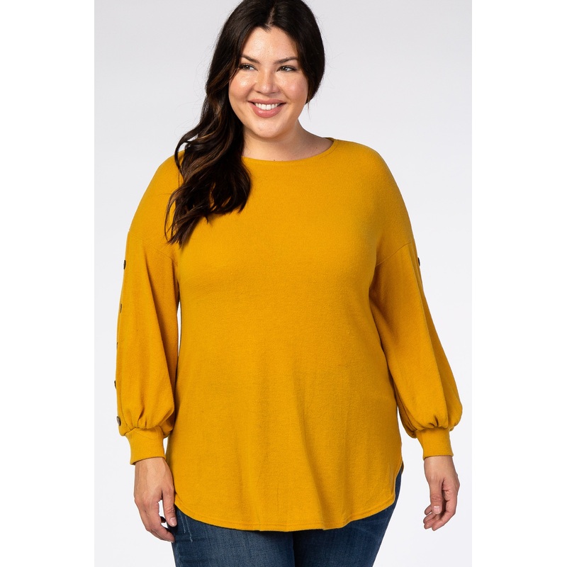 Yellow Soft Brushed Button Long Sleeve Women's Plus Top