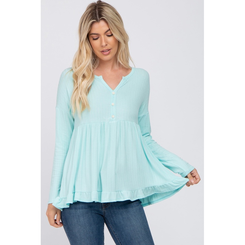 Aqua Button Accent Long Sleeve Top