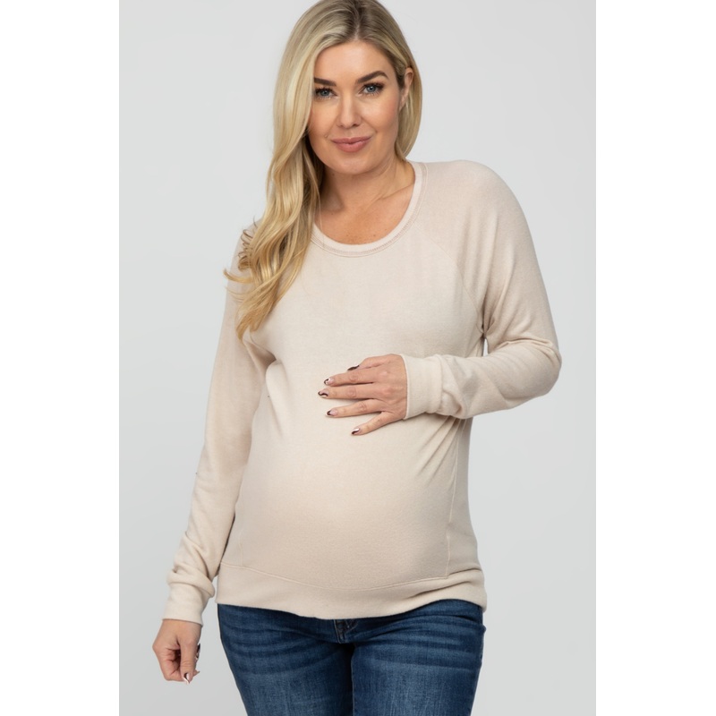 Beige Brushed Long Sleeve Raglan Maternity Top